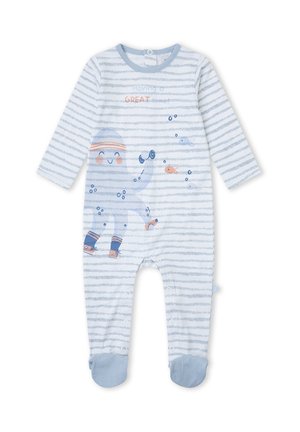 Pelele de bebé con rayas blancas y azul pálido con un pulpo sonriente que lleva un sombrero y botas, y peces pequeños, texto "Having a GREAT".