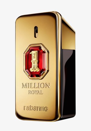 Gold rectangular perfume bottle with red jewel logo, embossed text "1 Million Royal" and brand name "Rabanne" on front.