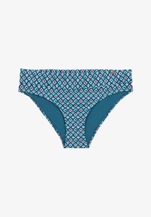 Turquoise zwemslip met een gestreepte tailleband in blauwe, witte, rode en roze geometrische ontwerpen. Glad textuur met elastische afwerking.