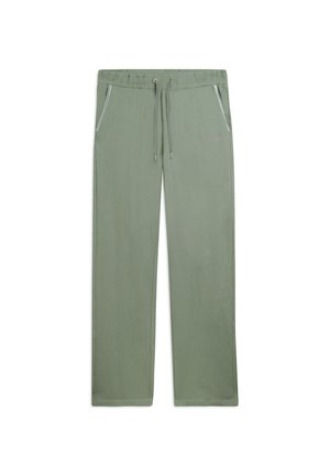 Pantaloni della tuta verde chiaro a gamba dritta con vita elastica con coulisse e tasche laterali, distesi su sfondo bianco.