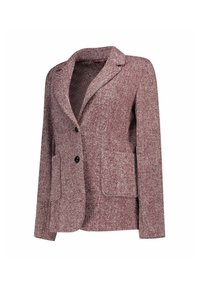 Blazer borgogna testurizzato con motivo a spina di pesce, dotato di due tasche frontali, chiusura a un bottone e rever a punta.