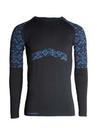 Långärmad svart topp med blå geometrisk mönstring på axlarna och bröstet. Tillverkad av stretchigt material, har en åtsittande design. Bagheera-logotyp vid fållen.