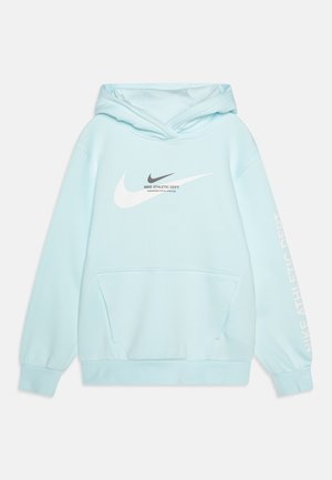 Hellblauer Nike-Hoodie mit großen weißen und kleinen schwarzen Swoosh-Logos und dem Schriftzug „Nike Athletic Dept.“ auf Vorderseite und Ärmel.