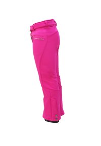 Pantaloni da sci rosa brillante con un design attillato, passanti per cintura e una tasca con zip laterale. Presentano dettagli con bottone a pressione alla caviglia e una texture liscia.