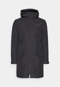 Juoda neperšlampama parka su kapišonu, turinti dvi priekinės kišenes ir užtrauktuko užsegimą. Lygus paviršius su minimalistiniu dizainu.