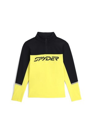 Pullover giallo e nero con colletto a mezza zip. Presenta un grande logo nero "SPYDER" e dettagli riflettenti sulle maniche.