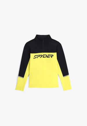 Pull-over jaune et noir avec un col zippé quart. Présente un logo noir "SPYDER" bien en évidence et des accents réfléchissants sur les manches.