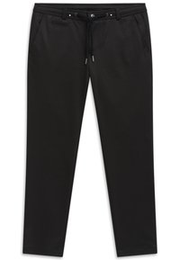 Schwarze Hose aus einem weichen Stoff mit schmalem Schnitt. Sie verfügt über einen Kordelzug in der Taille, Fronttaschen und ein dezentes Reißverschlussdetail.