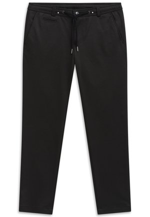 Black pants made of a soft fabric with a slim fit. Features include a drawstring waist, front pockets, and a subtle zipper detail.