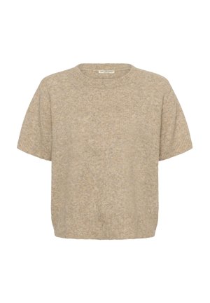 Maglione beige a maglia con maniche corte, scollatura rotonda e vestibilità rilassata. Tessuto morbido con un sottile motivo melangiato. Orlo e polsini a coste.