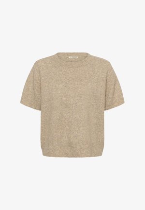 Beige Strickpullover mit kurzen Ärmeln, Rundhalsausschnitt und lockerer Passform. Weicher Stoff mit subtiler Melange-Optik. Gerippter Saum und Bündchen.