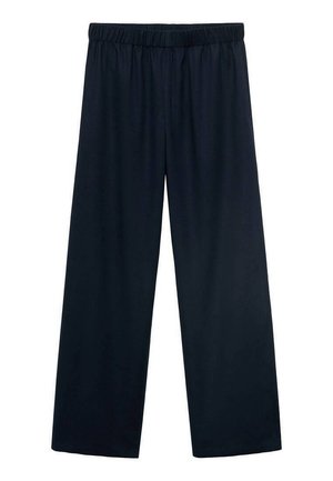 Crne hlače širokih nogavica izrađene od mekog materijala. Imaju elastičan pojas. Jednostavan dizajn bez uzoraka ili dodatnih detalja.