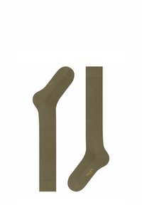 Calze verde oliva realizzate in un materiale liscio, con una fascia a coste e un logo sottile in oro vicino al tallone. Progettate con una forma classica.