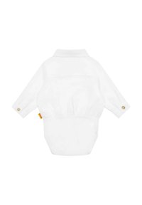 Camisa blanca para bebé con cuello y costuras verticales, que presenta mangas largas con puños abotonados y una parte trasera fruncida para un diseño ajustado.