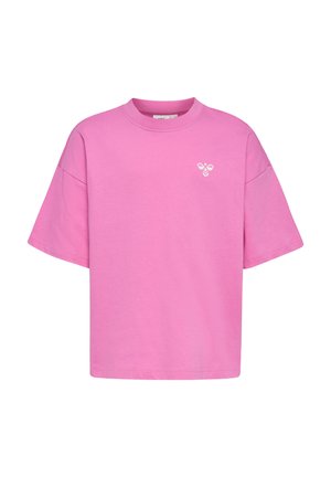 Pinkes oversized T-Shirt mit kurzen Ärmeln, Rundhalsausschnitt und kleinem weißem Bienenlogo auf der linken Brust.