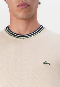 Bežový pletený sveter s rebrovaným golierom, ktorý má námornícke, zelené a biele pruhy. Malá vyšívaná zelená logo krokodíla na hrudi.