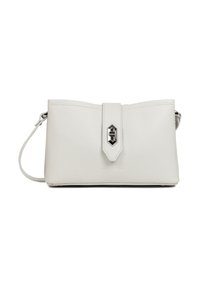 Sac à main en cuir blanc avec une texture lisse et un fermoir à rabat géométrique avec un accent argenté. Sangle d'épaule fine incluse.