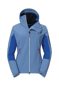 Softshell jacket in light blue and dark blue, featuring a zip front, adjustable hood, two zippered pockets, and RECCO technology.