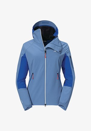 Softshell jacket in light blue and dark blue, featuring a zip front, adjustable hood, two zippered pockets, and RECCO technology.