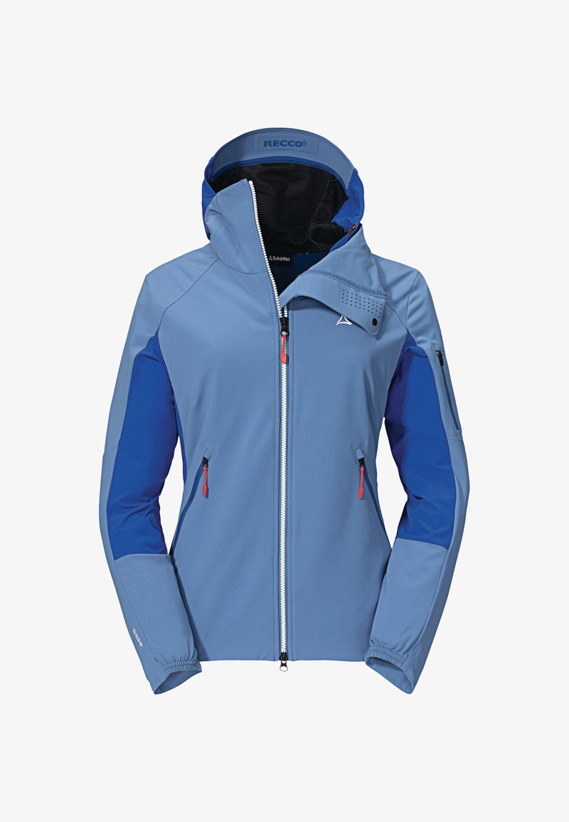Softshell jacket in light blue and dark blue, featuring a zip front, adjustable hood, two zippered pockets, and RECCO technology.