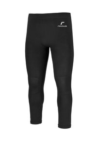 Schwarze Sportleggings aus elastischem Material, mit strukturierten Akzenten an den Knien und einem Logo nahe dem Bund.