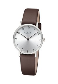 Montre avec bracelet en cuir marron, dotée d'un cadran rond en argent à motifs en rayon de soleil, avec des index horaires noirs, le nom de la marque "REGENT" et de simples aiguilles noires.