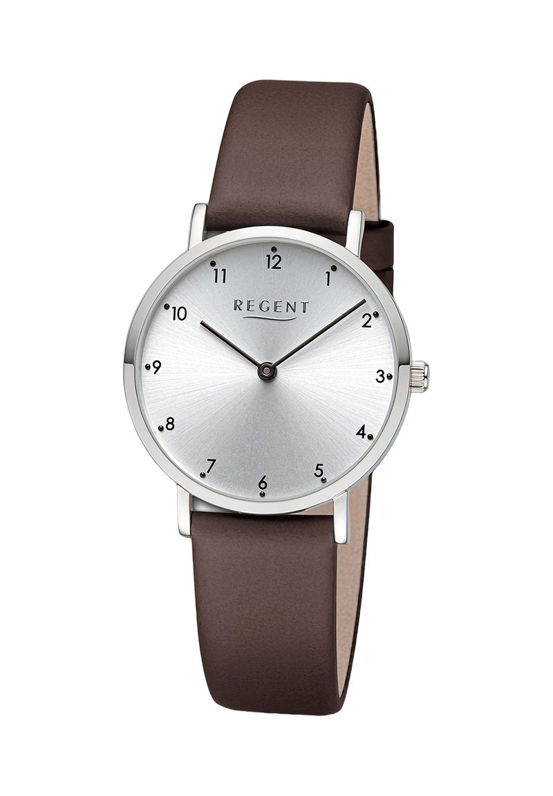 Montre avec bracelet en cuir marron, dotée d'un cadran rond en argent à motifs en rayon de soleil, avec des index horaires noirs, le nom de la marque "REGENT" et de simples aiguilles noires.