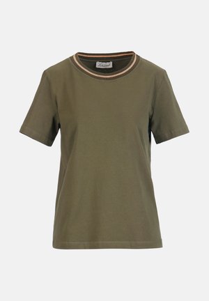 Olívazöld rövid ujjú pamut póló bordázott, kerek nyakkivágással, barna, bézs és fekete csíkokkal.