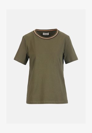 T-shirt en coton à manches courtes de couleur vert olive avec un col rond côtelé orné de rayures marron, beige et noire.