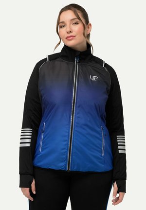 Blau und schwarze Sportjacke mit Graadienten-Design, durchgehendem Reißverschluss, hohem Kragen und silbernen Beschlägen. Mit gestreiften Akzenten an den Ärmeln.