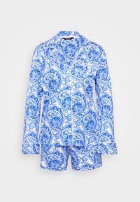 Blue and white patterned pajama set features a long-sleeve shirt with collar, button front, and matching shorts, made from lightweight fabric.