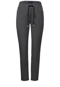 Pantalons gris à rayures dessinées, faits d'un tissu doux, avec une taille élastique, un cordon de serrage réglable et deux poches zippées sur les côtés.