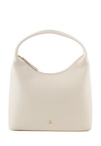 Beżowa torebka z sztucznej skóry o zaokrąglonym kształcie, z jedną rączką i złotym logo na dole. Gładka faktura na całej powierzchni.