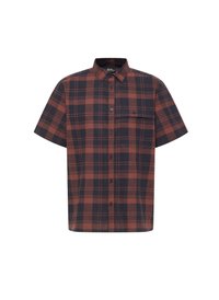 Kurzärmliges karierter Hemd in Dunkelrot und Marineblau, mit Button-Down-Kragen, vorderem Knopfverschluss und einer Brusttasche. Aus Baumwollstoff.