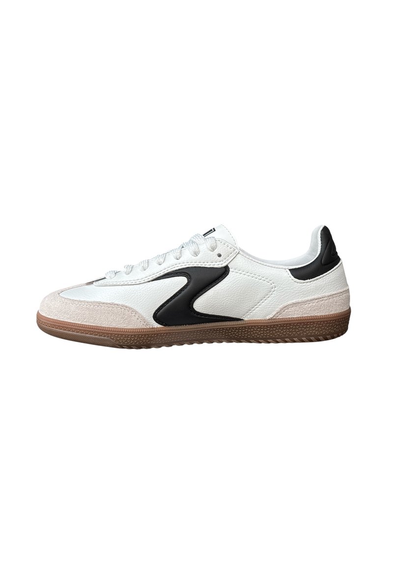 Fehér bőr sneaker fekete részletekkel, velúr orral és gumi talppal. Kerek formájú dizájnnal és klasszikus fűzős záródással rendelkezik.