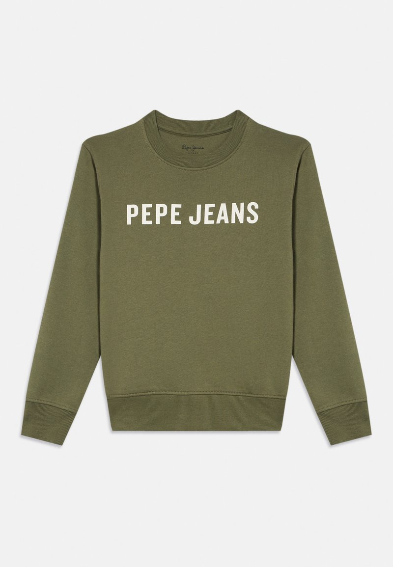 Sudadera verde olivo de mezcla de algodón, con cuello redondo y puños acanalados. "PEPE JEANS" impreso en letras blancas en negrita en el pecho.