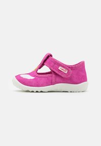 Pink fabric Mary Jane shoe with a Velcro strap, white toe detail, and textured rubber sole. Lightweight and designed for comfort.
