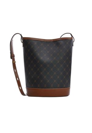 Dark brown bucket bag with a diamond pattern, adjustable leather strap, and tan leather trim at top and bottom.