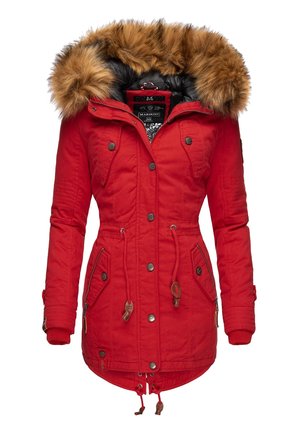Red parka jacket with a faux fur hood, front pockets, and drawstring waist. Features snap and zip closures, textured accents on sleeves.