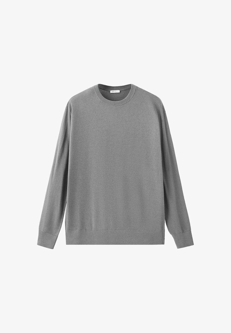 Pull gris uni à manches longues avec col rond, poignets, col et ourlet côtelés, présenté sur un fond blanc.