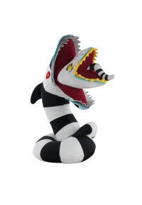 Serpent en peluche rayé noir et blanc, doté d'une grande bouche ouverte avec des dents jaunes et des accents rouges, agrémenté de motifs en tissu colorés.