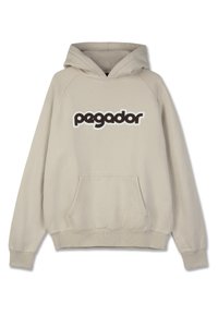 Μπεζ φούτερ με κουκούλα και τσέπη καγκουρό, με μεγάλο λογότυπο «pegador» σε σκούρο καφέ, περιγραμματισμένο με λευκό. Μαλακό, υφασμάτινο υλικό.