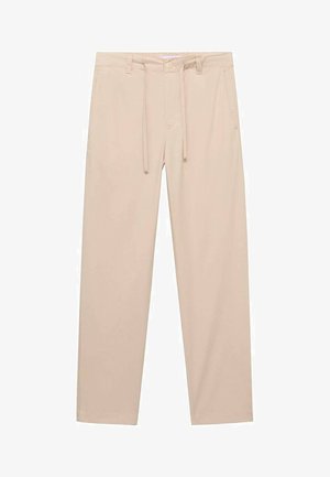 Beige bukser lavet af glat stof med lige ben-design, der har en knaplukker til taljen og snore til justerbar pasform.