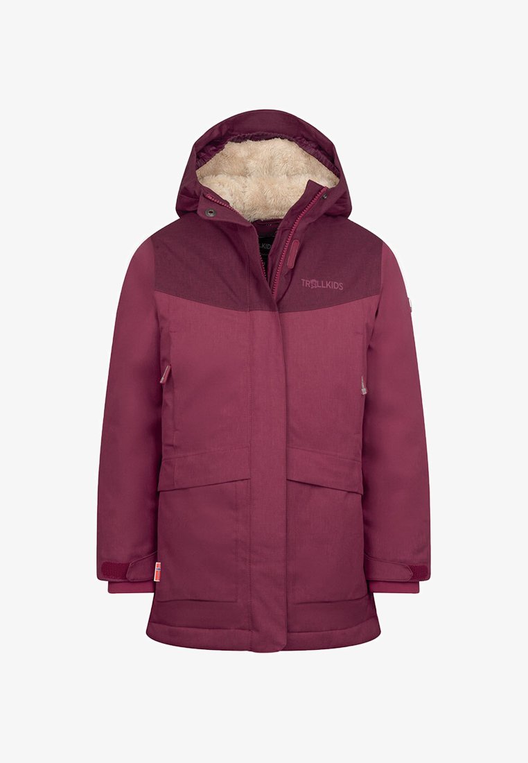 Maroon insulated jacket with a fleece-lined hood, zip closure, two front pockets, and contrasting upper panels. Features adjustable cuffs.
