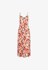 Vestido maxi en un patrón abstracto de rojo, naranja y negro; presenta tirantes finos, escote redondo y un detalle de cintura atada. Tejido ligero.