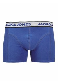 Blaue Baumwoll-Boxershorts mit einem grauen Bund, auf dem "JACK & JONES" in Blau zu sehen ist. Glatte Textur und kontrastierende Nähte.