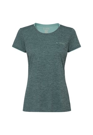 Gemêleerd donkergroen dames sportshirt met korte mouwen, ronde hals en klein Vaude-logo op de linkerborst.