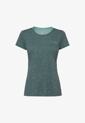 Gemêleerd donkergroen dames sportshirt met korte mouwen, ronde hals en klein Vaude-logo op de linkerborst.