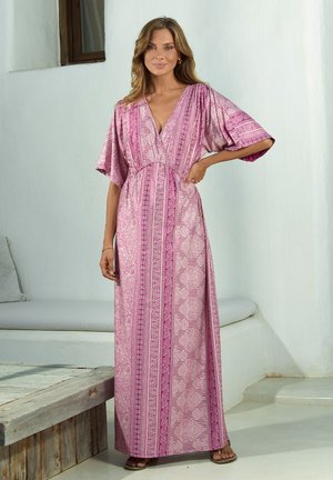Maxi dress in pink fabric with intricate patterns, short kimono sleeves, V-neckline, and a cinched waist. Smooth texture with modern design elements.