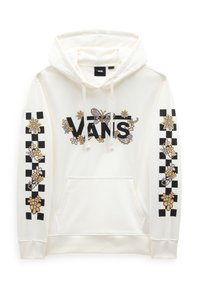 Sudadera blanca con capucha que presenta el logo "VANS", diseños florales y patrón a cuadros en las mangas. Hecha de tela suave con bolsillo frontal.